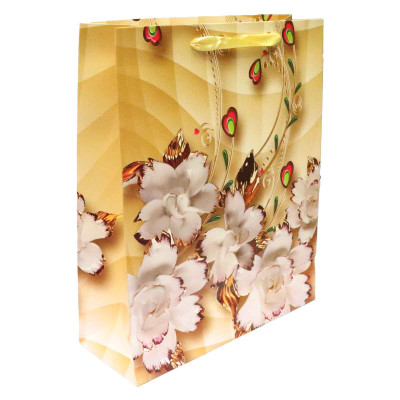 Dárková taška zlatá s bílé květiny 26x33x11cm