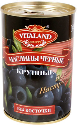 Velké černé olivy bez pecek Vitaland 425g